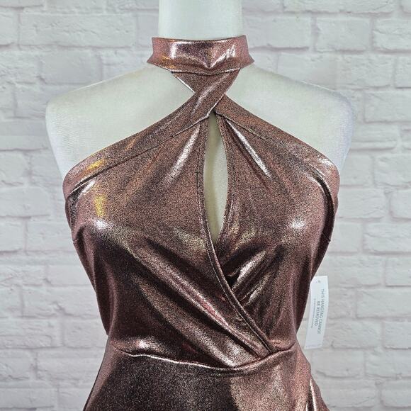 E Venus Pink Metallic Halter Midi Dress Women Size S Side Ruched Wrap Skirt Cute - Picture 2 of 12